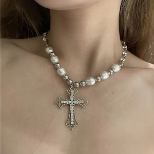 NEW Minimalist Silver Cross Pendant Necklace Trendy Jewelry Goth Pearl Accessory